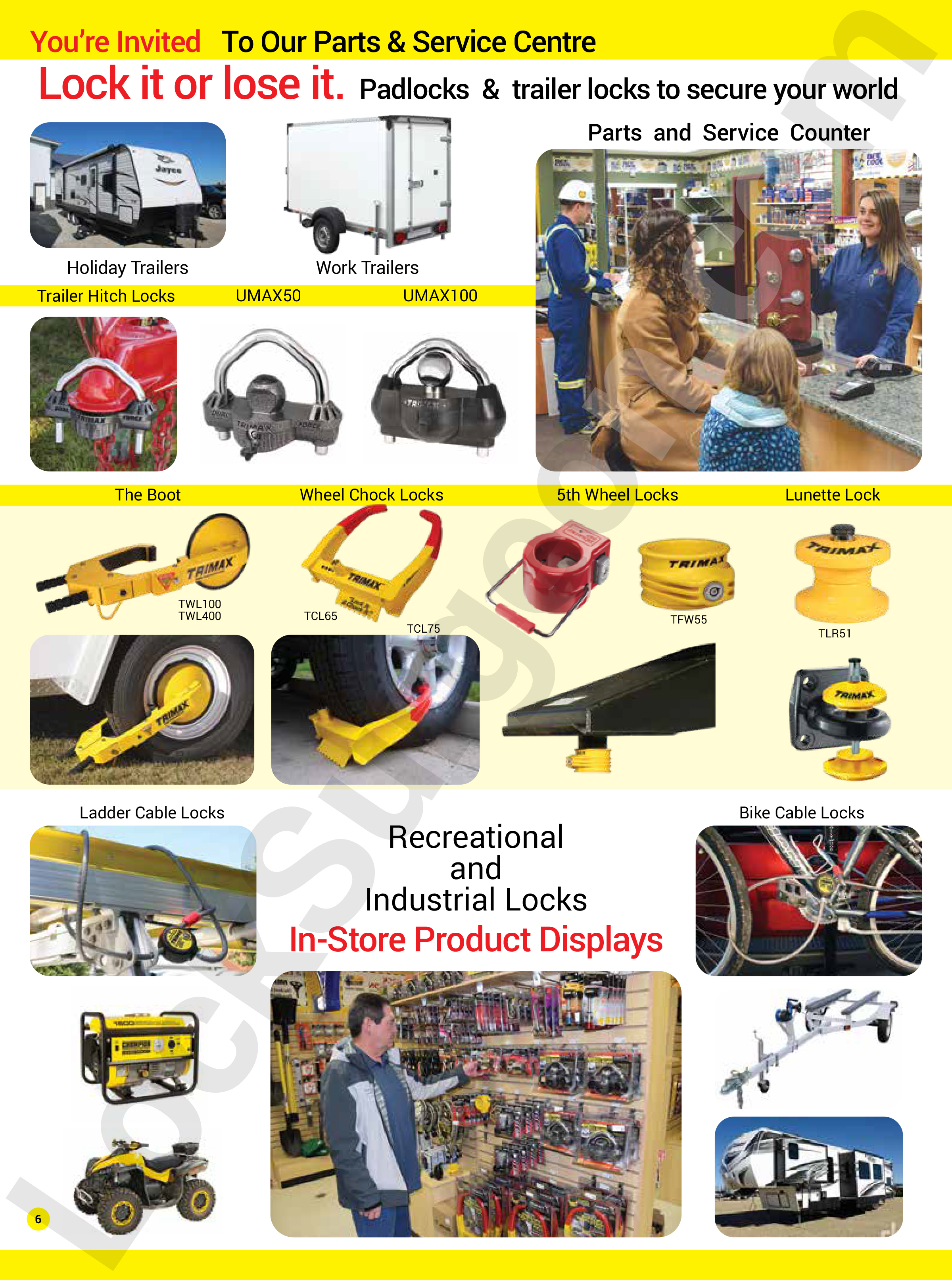 Keeping your hard-earned recreational or work trailers and items secure. Locks for trailer hitches. The Boot, Wheel Chock locks, 5th wheel locks, lunette locks, bike cable locks, ladder cable locks. Recreational and Industrial Locks in-store products.